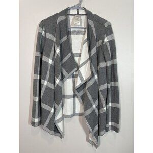 Chico’s Women’s Size 1 Medium Gray White Plaid Open Front Cardigan Sweater Long